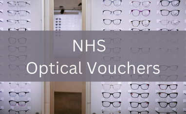 Background of frame rack with NHS Optical Vouchers text