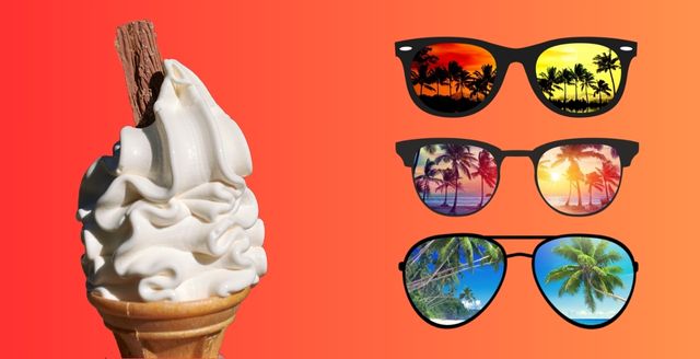 3 pairs of sunglasses with an icecream cone and flake